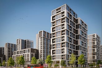 develop 3d city residence, residential complex visual, high rise building render