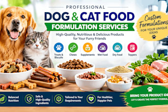 formulate dog cat treats, biscuit, chew, supplements, wet food, dry food, topper
