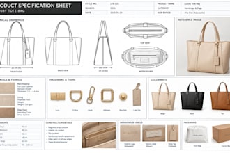 create a professional handbag and bag tech pack for manufacturing