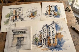draw architectural sketches of buildings with watercolor