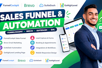 setup funnelcockpit sales funnel, brevo, suitedash automation, ghl landing page