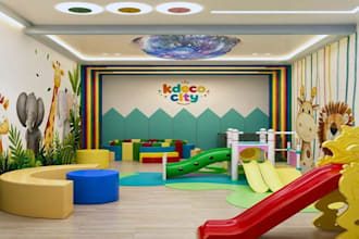 create 3d design for indoor and outdoor children  playground, 2d plan, rendering