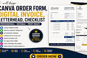 design editable canva order form, invoice, checklist and letterhead template