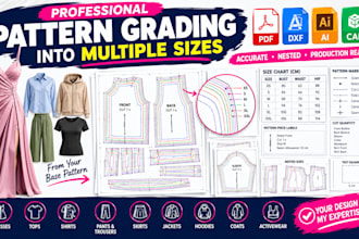 sewing pattern, pattern grading to multiple sizes with PDF dxf ai size grading