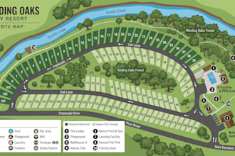design illustrated vector map for rv parks, resorts, campgrounds and parks