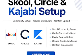 setup skool community circle, online kajabi course curriculum content upload