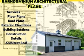 draw barndominium architectural plans, roof plan, elevation, section, architect