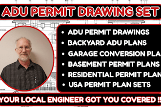 create adu permit drawings, backyard adu, garage conversion and basement plans