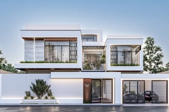 redesign proposed villa exterior, 3d duplex facade remodel,outdoor cgi rendering