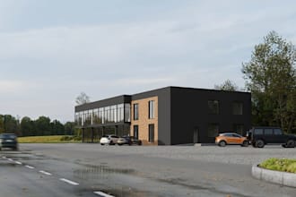 design commercial office building, suburban business hub, retail exterior render