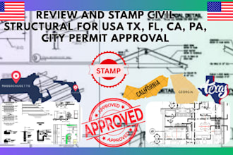 review and stamp civil structural for usa fl, ma, pa,tx,ga, city permit approval