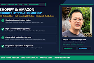 do shopify product listing, amazon upload, and 3d mockup