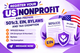 register your US nonprofit and prepare 501c3, ein, bylaws and tax exemption
