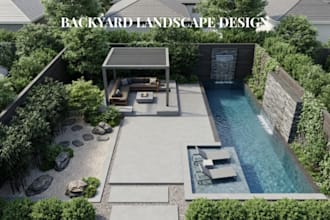 do realistic 3d backyard landscape design with pool, patio, terrace and garden