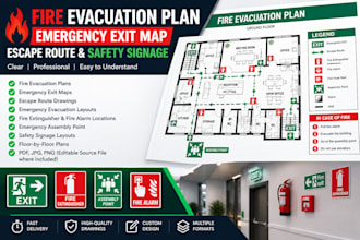 design fire evacuation plan, emergency exit map, escape route and safety signage