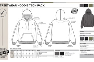 create fashion clothing tech pack for hoodie, activewear, streetwear, sportwear
