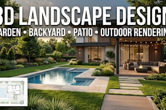 3d landscape design, garden, backyard, patio and outdoor rendering