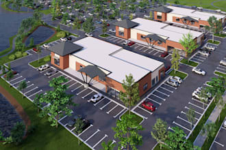 render mixed use plaza from pdf plan, strip mall complex layout, retail unit cgi