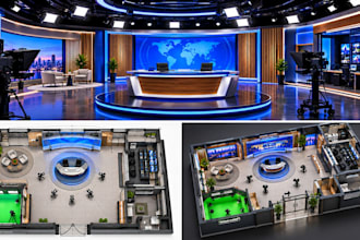 create 2d and 3d TV studio, news studio and home studio architectural design