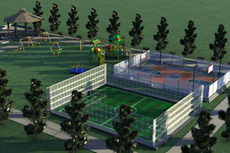 redesign 3d padel court, 3d landscape design, kids playground, pickleball court