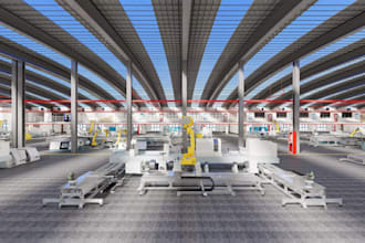 2d plan to 3d industrial internal render,optimize factory layout,workstation cgi