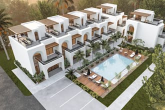 cgi condo house exterior,luxury villa,3d rooftop lounge,poolside deck render,skp