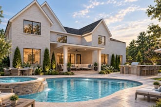 realistic pool, backyard, exterior and landscape 3d design and