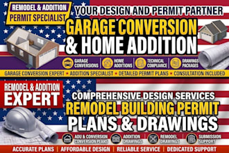 draw home remodel, garage conversion and home addition building permit drawings