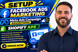 setup facebook ads marketing, meta ads campaign advertising, and shopify ads