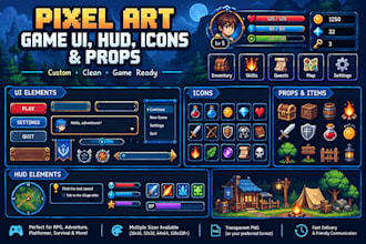 create pixel art game UI hud icons props and assets