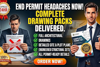draw architectural permit drawings set, site plans and structural drawings set