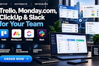 setup and fully automate trello, mondaycom, clickup and slack for your business