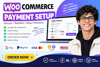 setup woocommerce google pay, paypal, credit debt card, crypto payment, klarna