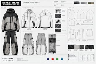 create streetwear tech pack, clothing pattern, and apparel production files