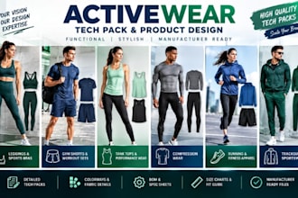 create activewear tech pack for gym, sportswear and fitness apparel