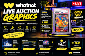 create whatnot live stream auction graphics, product displays, bid overlays
