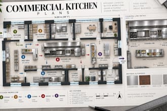 design commercial kitchen floor plaans, equipment with workflow layouts