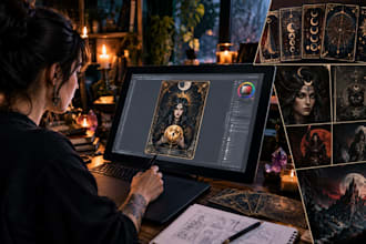 create dark gothic wicthy tarot card art and mystical illustrations