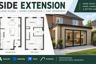 create side extension floor plan, home expansion cad drawings