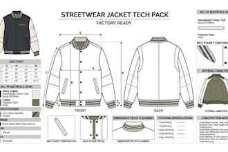 create fashion tech pack design, hoodie design, jacket, denim, streetwear mockup