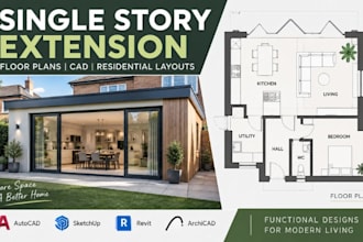 design single story extension floor plans, cad residential layouts