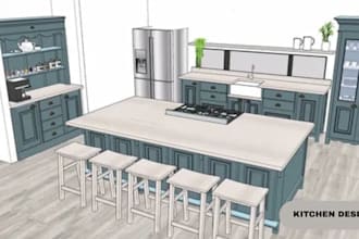 design a 3d kitchen interior with custom cabinets, floor plan and rendering