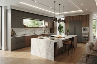 design kitchen, 3d rendering, house plan and interior design