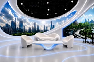 do 3d tv studio setup interior design for news broadcast, podcast, shows design