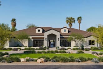 render3d residential desert home,outdoor patio,living room interior,cgi chimney