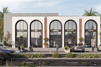 build strip mall with retail units, shopping center 3d rendering, parking layout