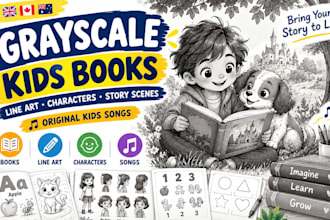 illustrate grayscale kids books, line art, characters and write songs