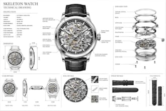 design custom watch cad, skeleton watch and 2d technical drawings