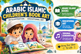illustrate arabic islamic children book, educational art, write original song