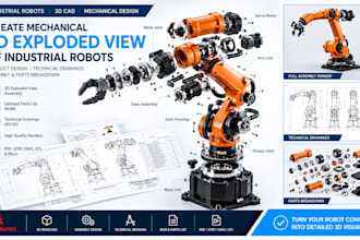create mechanical 3d exploded view of industrial robots product design  drawings